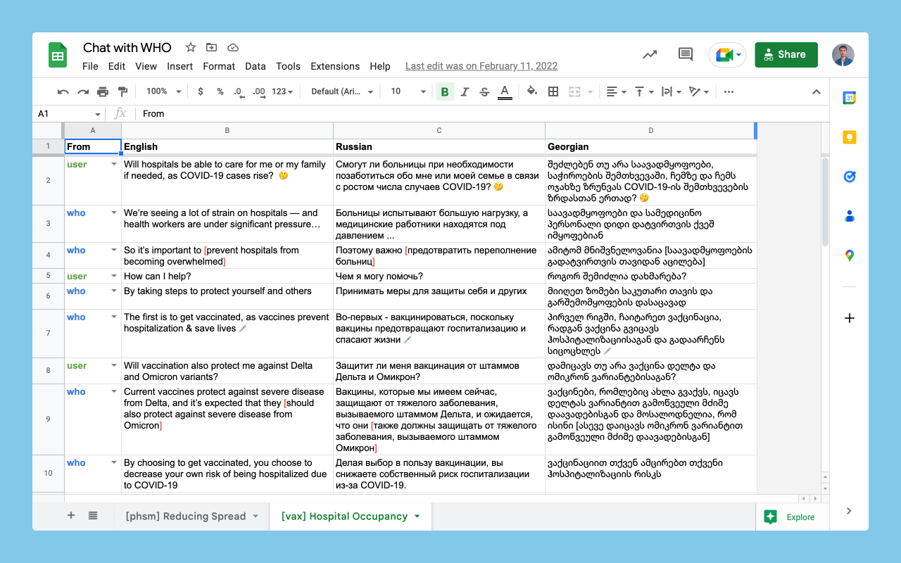 Screen capture of Google Sheets used to organized translated content for the videos. It displays columns for English, Russian, and Georgian languages